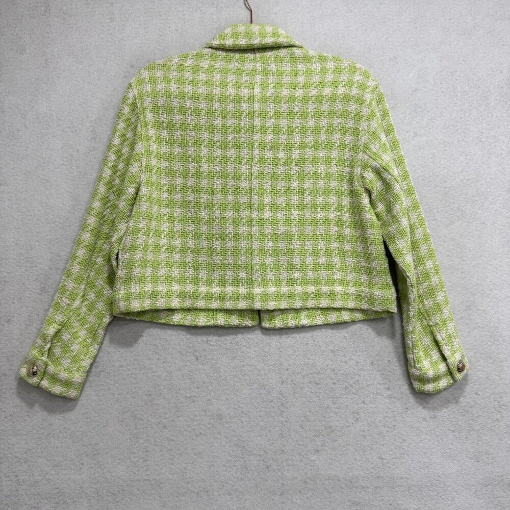 ZARA Jacket Womens Small Green Check Tweed Cropped Button Front Pockets Collared - Picture 5 of 8
